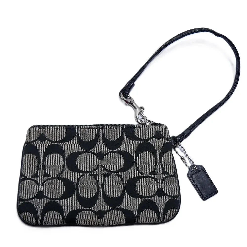COACH VINTAGE SIGNATURE SMALL ACCESSORY POUCH ZIP WRISTLET CANVAS BLACK GREY - Picture 2 of 10